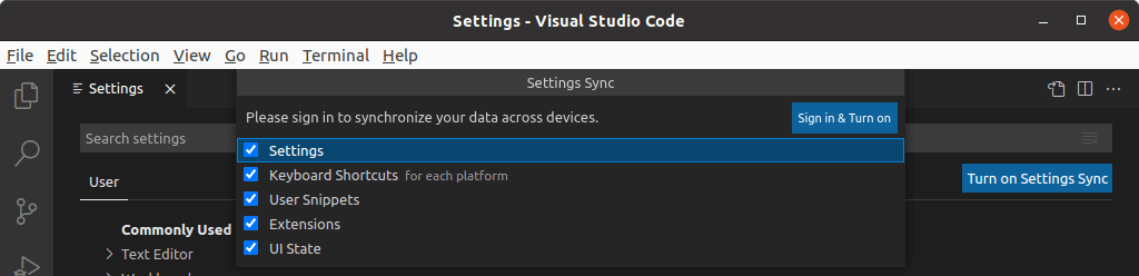 Opciones de sincronización de preferencias en Visual Studio Code