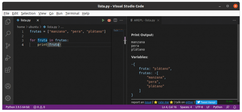 Extensión AREPL for Python para VS Code