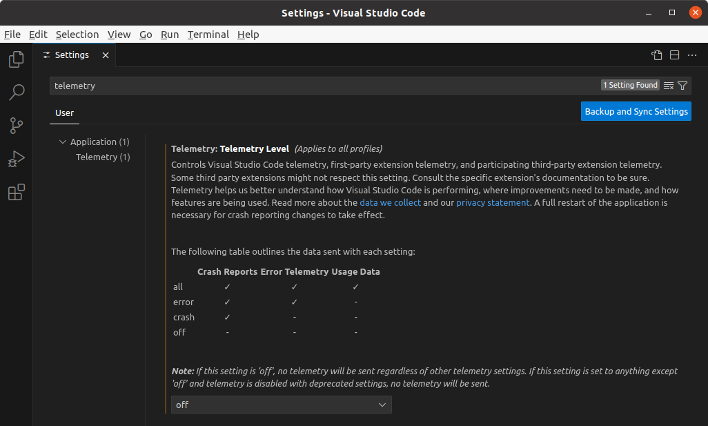 Opciones de telemetría en Visual Studio Code